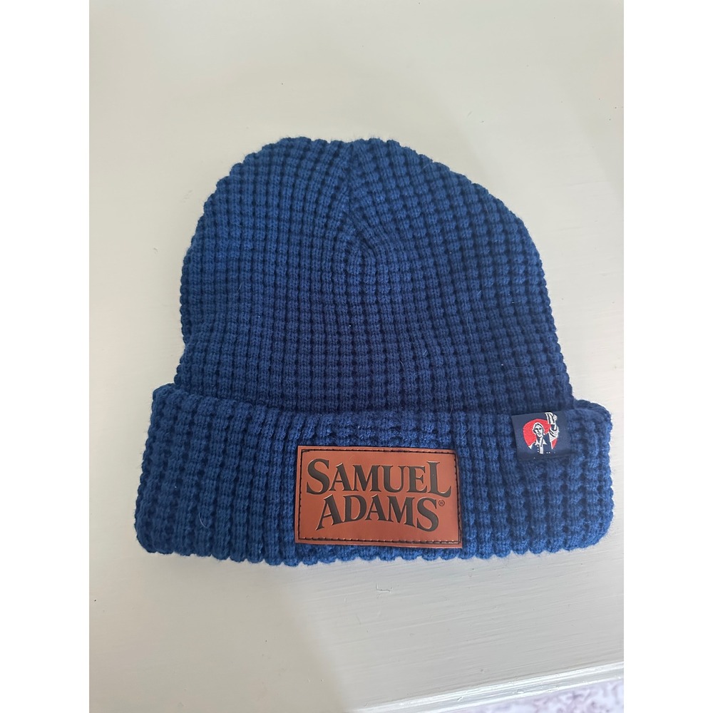 Samuel Adams Blue Waffle‎ Knit Beanie Hat Faux Leather Logo Patch Mens OSFM